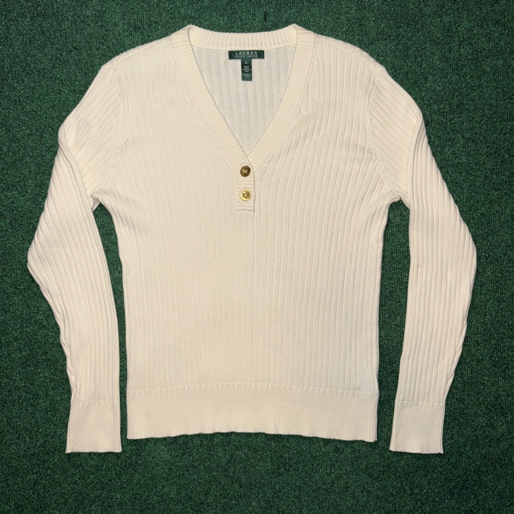 Ralph Lauren Women's Cream V Neck Button Long Sleeve Shirt Size XL P1
